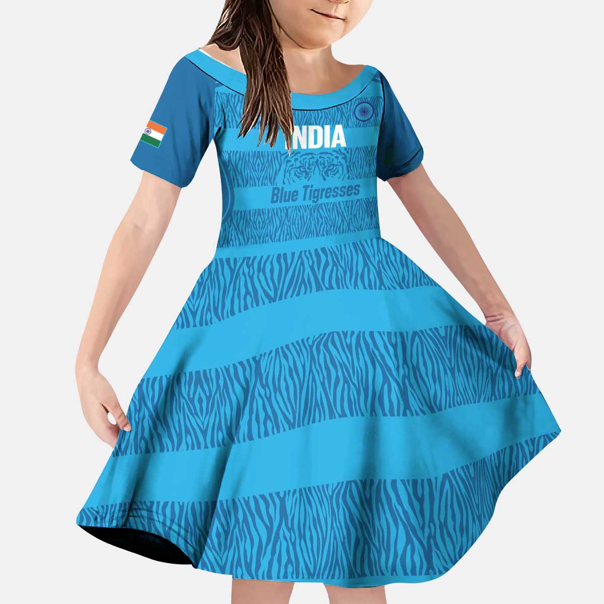 Custom India Football 2026 Kid Short Sleeve Dress Come On Blue Tigresses - Blue Version