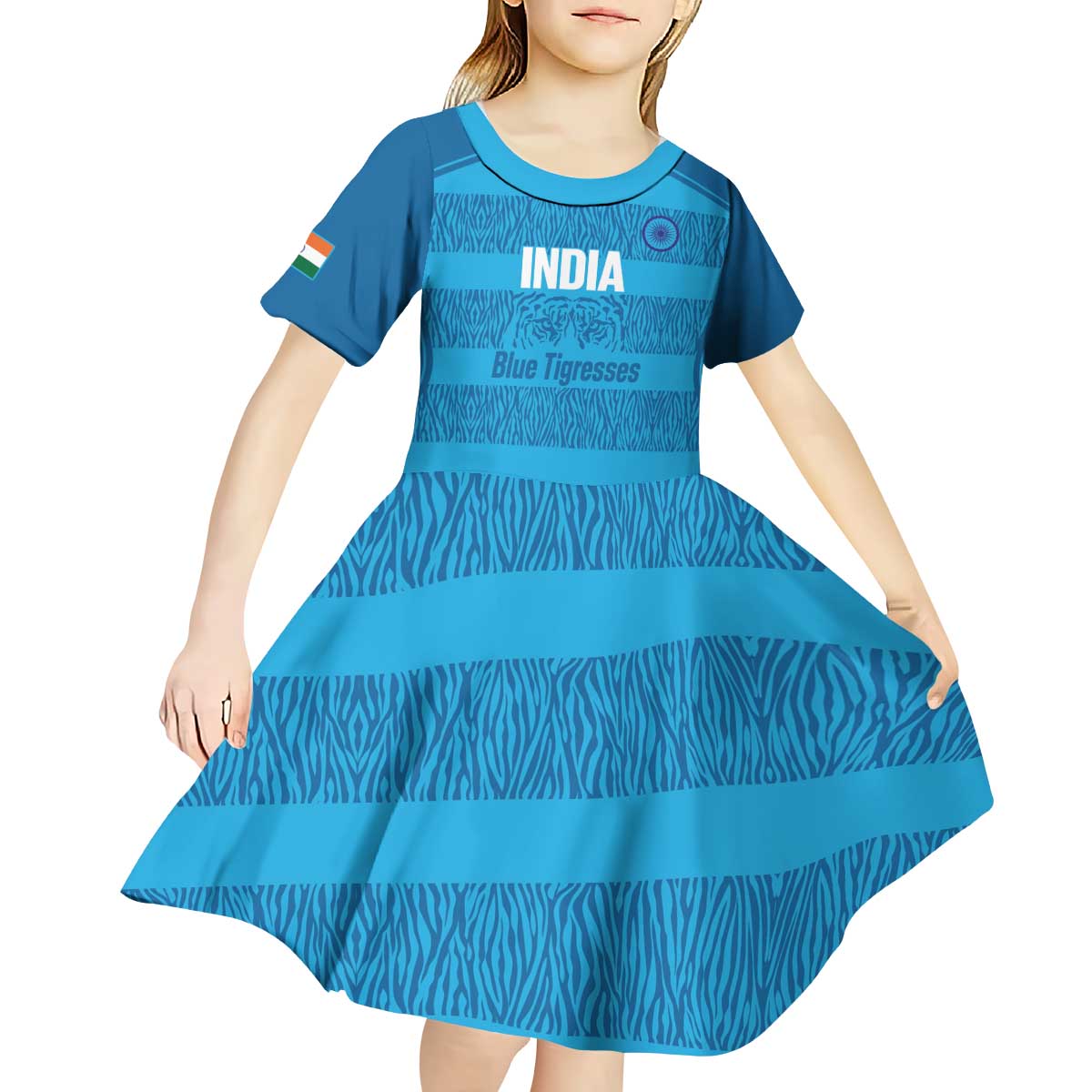 Custom India Football 2026 Kid Short Sleeve Dress Come On Blue Tigresses - Blue Version