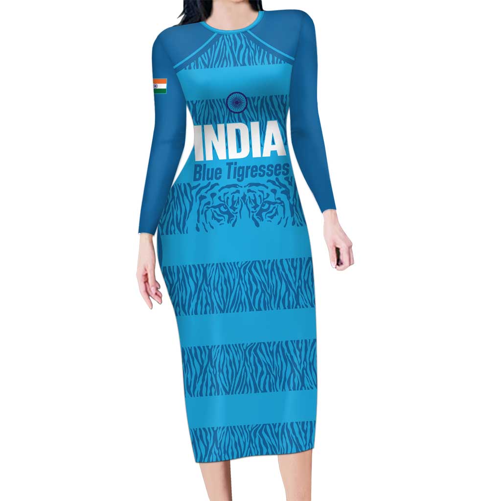 Custom India Football 2026 Long Sleeve Bodycon Dress Come On Blue Tigresses - Blue Version