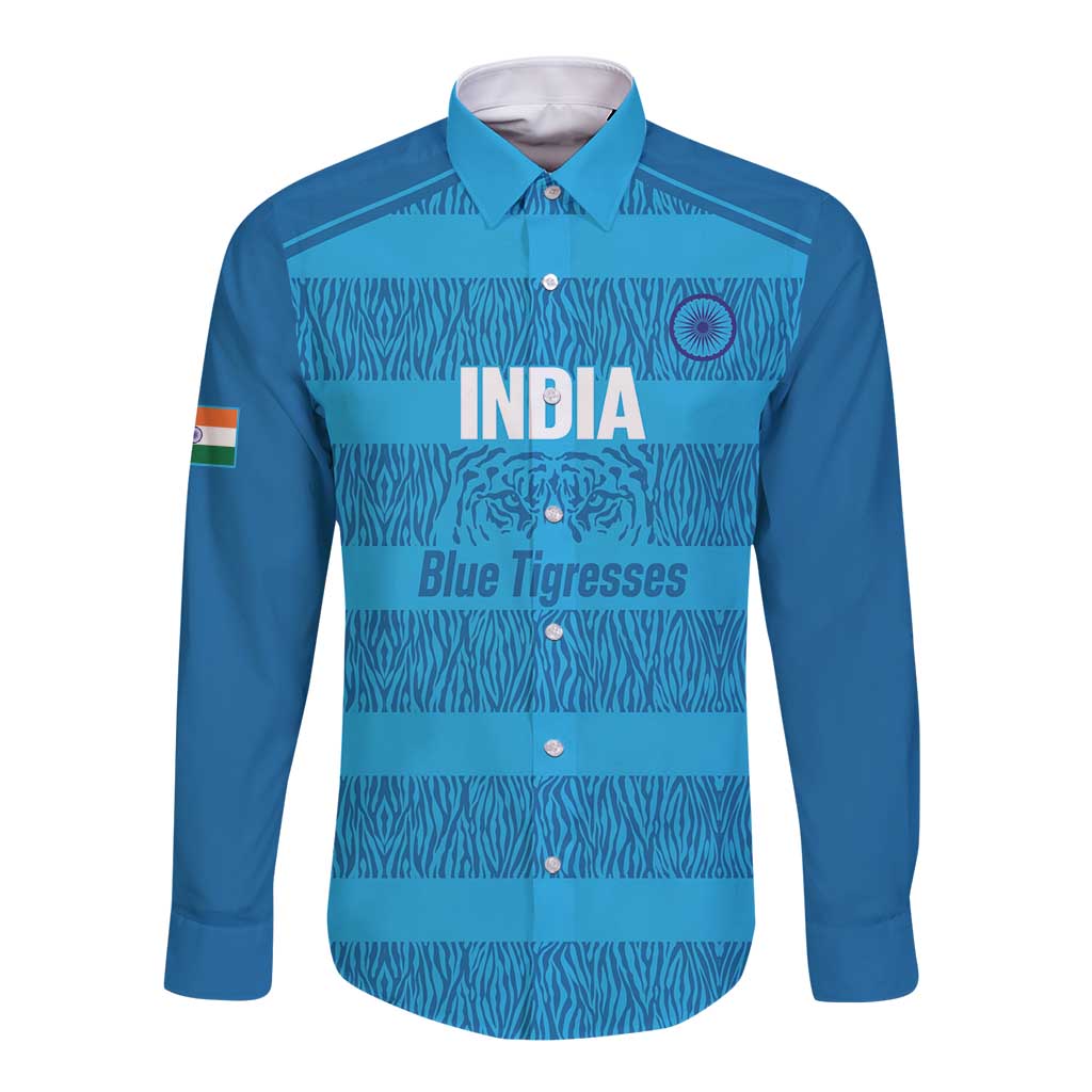 Custom India Football 2026 Long Sleeve Button Shirt Come On Blue Tigresses - Blue Version