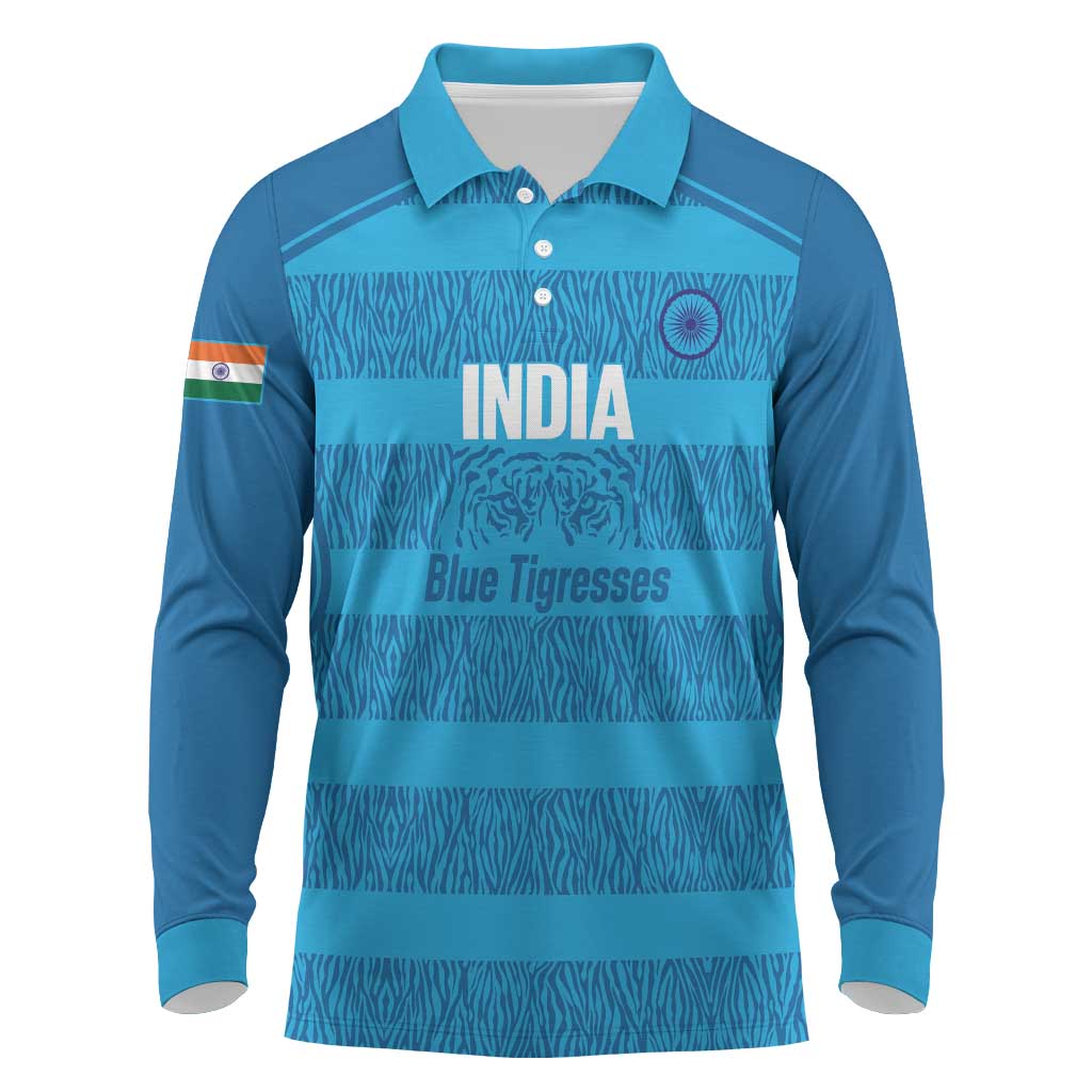 Custom India Football 2026 Long Sleeve Polo Shirt Come On Blue Tigresses - Blue Version