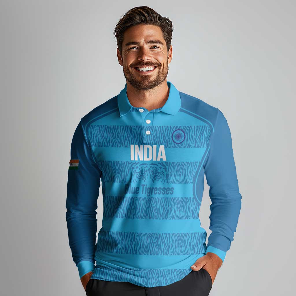 Custom India Football 2026 Long Sleeve Polo Shirt Come On Blue Tigresses - Blue Version