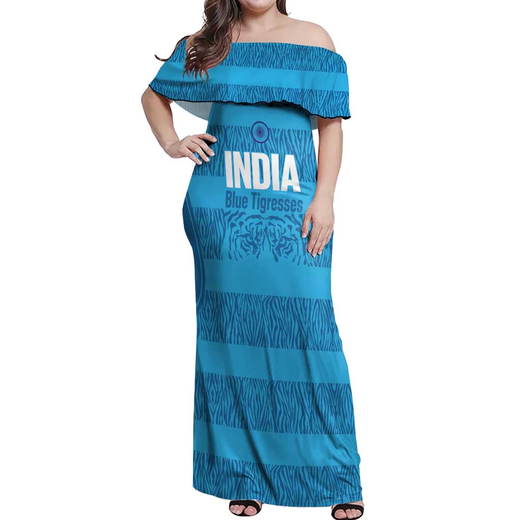 Custom India Football 2026 Off Shoulder Maxi Dress Come On Blue Tigresses - Blue Version