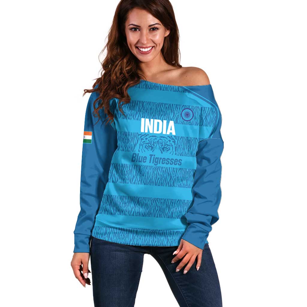 Custom India Football 2026 Off Shoulder Sweater Come On Blue Tigresses - Blue Version