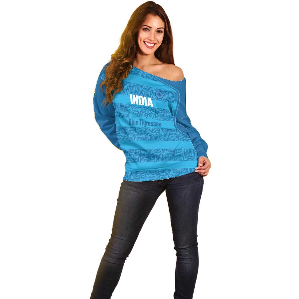 Custom India Football 2026 Off Shoulder Sweater Come On Blue Tigresses - Blue Version