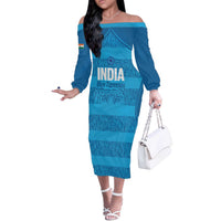 Custom India Football 2026 Off The Shoulder Long Sleeve Dress Come On Blue Tigresses - Blue Version