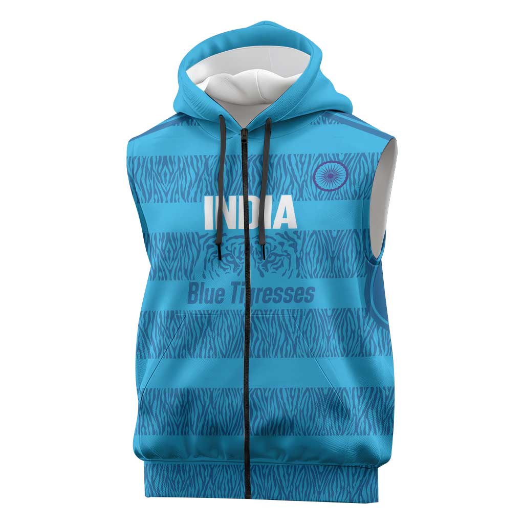 Custom India Football 2026 Sleeveless Zip Hoodie Come On Blue Tigresses - Blue Version