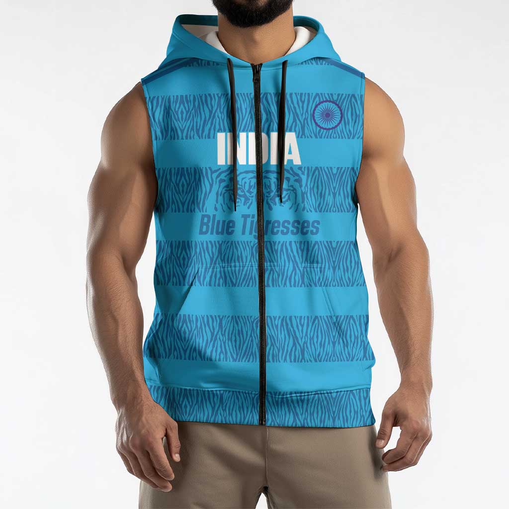 Custom India Football 2026 Sleeveless Zip Hoodie Come On Blue Tigresses - Blue Version