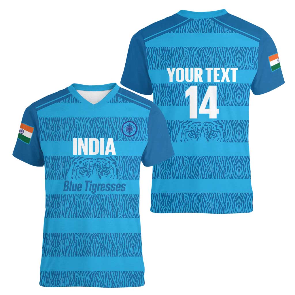 Custom India Football 2026 Women V-Neck T-Shirt Come On Blue Tigresses - Blue Version
