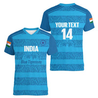 Custom India Football 2026 Women V-Neck T-Shirt Come On Blue Tigresses - Blue Version