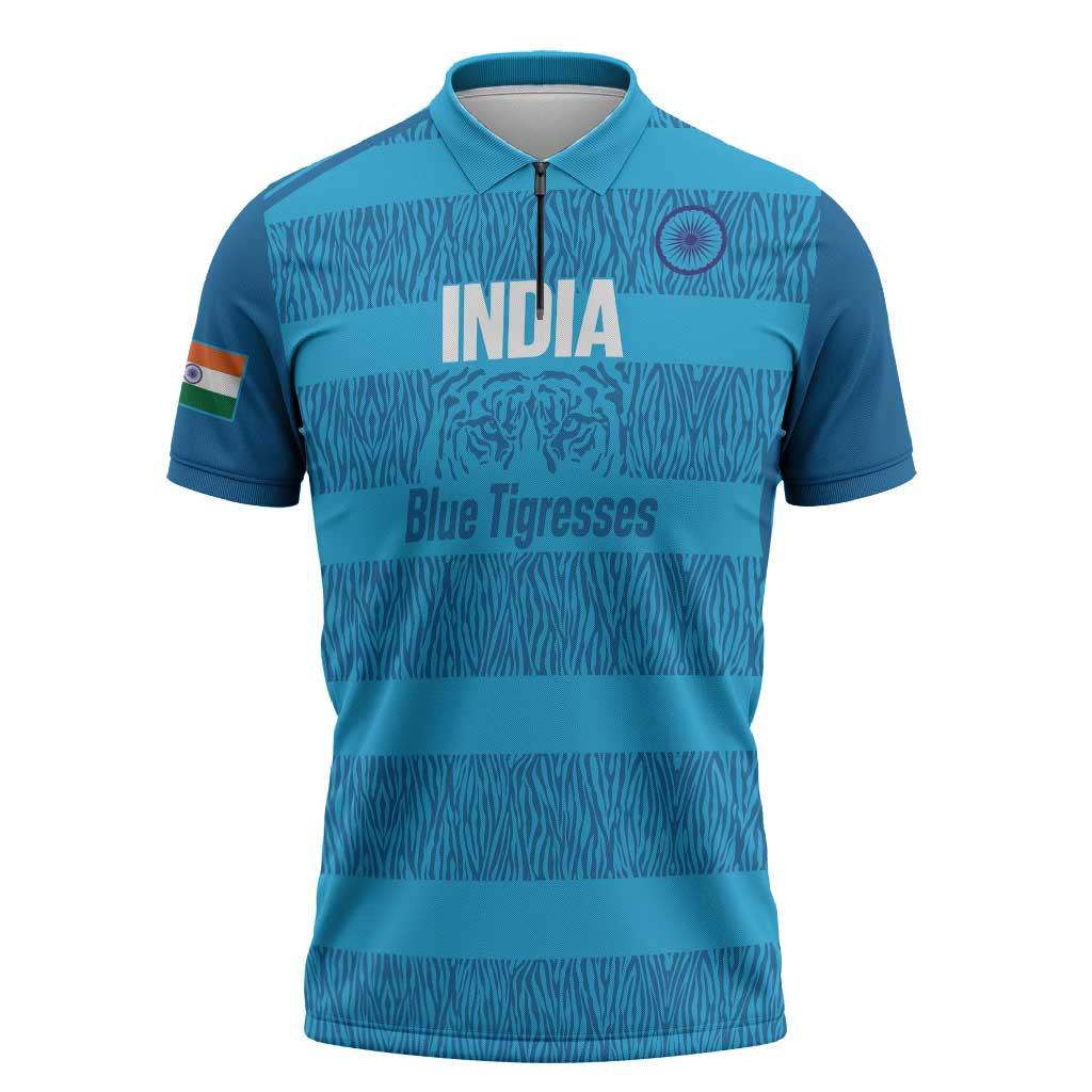 Custom India Football 2026 Zipper Polo Shirt Come On Blue Tigresses - Blue Version