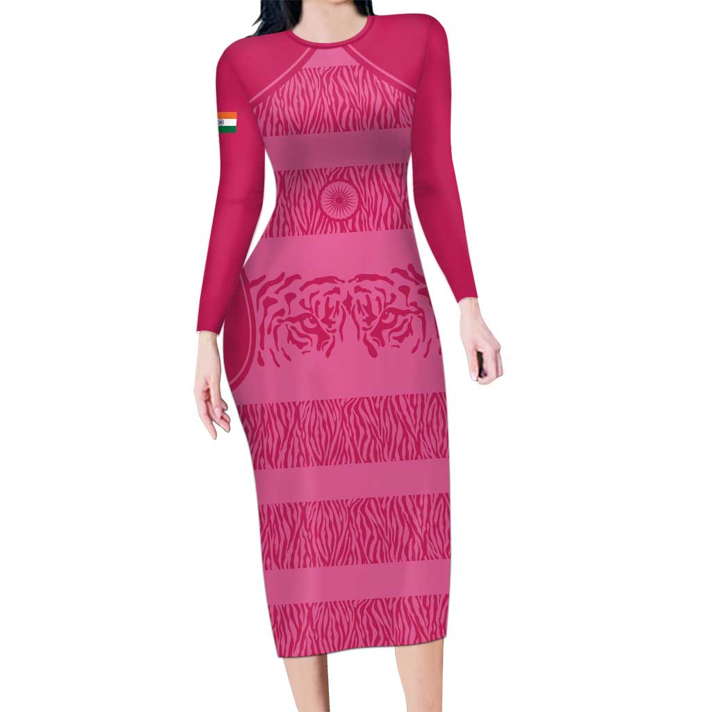 Custom India Football 2026 Long Sleeve Bodycon Dress Come On Blue Tigresses - Pink Version