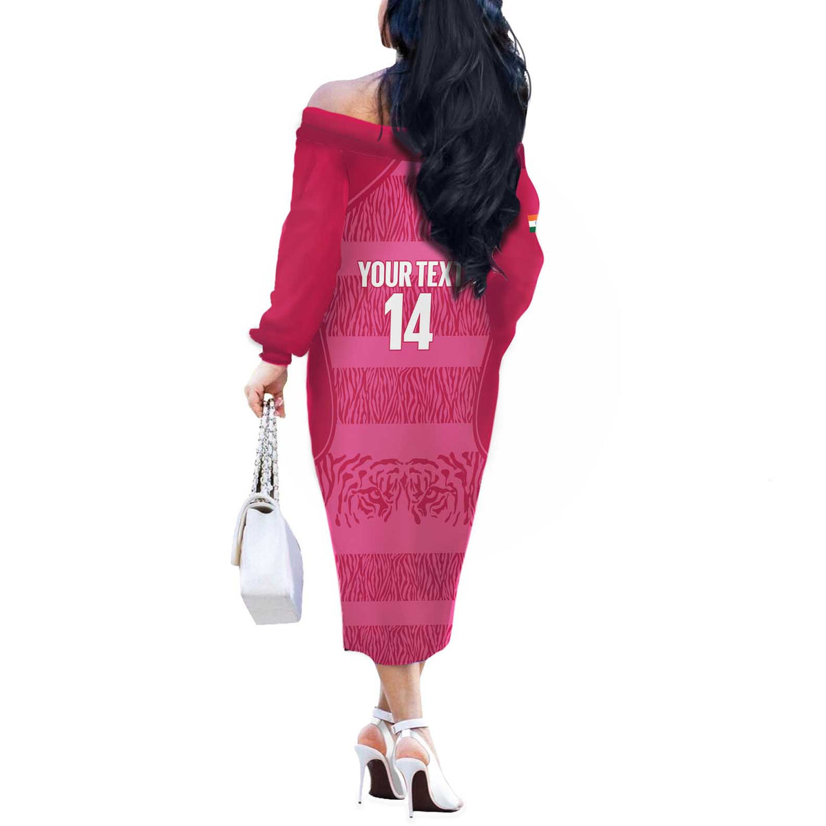 Custom India Football 2026 Off The Shoulder Long Sleeve Dress Come On Blue Tigresses - Pink Version