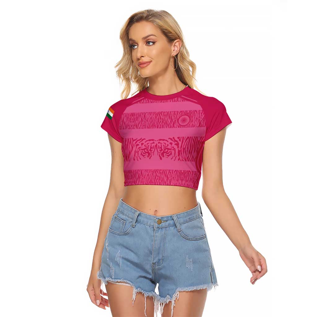 Custom India Football 2026 Raglan Cropped T Shirt Come On Blue Tigresses - Pink Version
