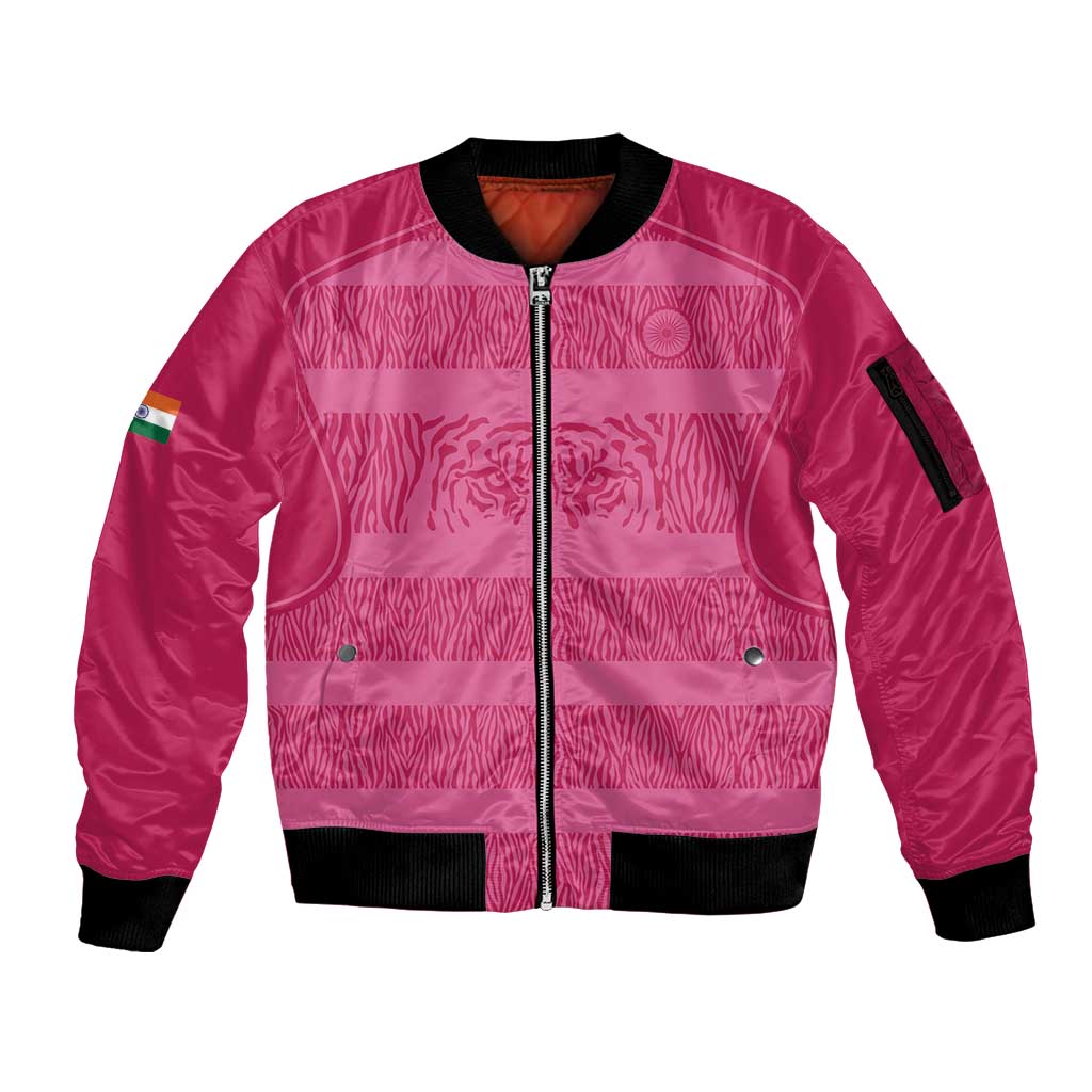 Custom India Football 2026 Sleeve Zip Bomber Jacket Come On Blue Tigresses - Pink Version