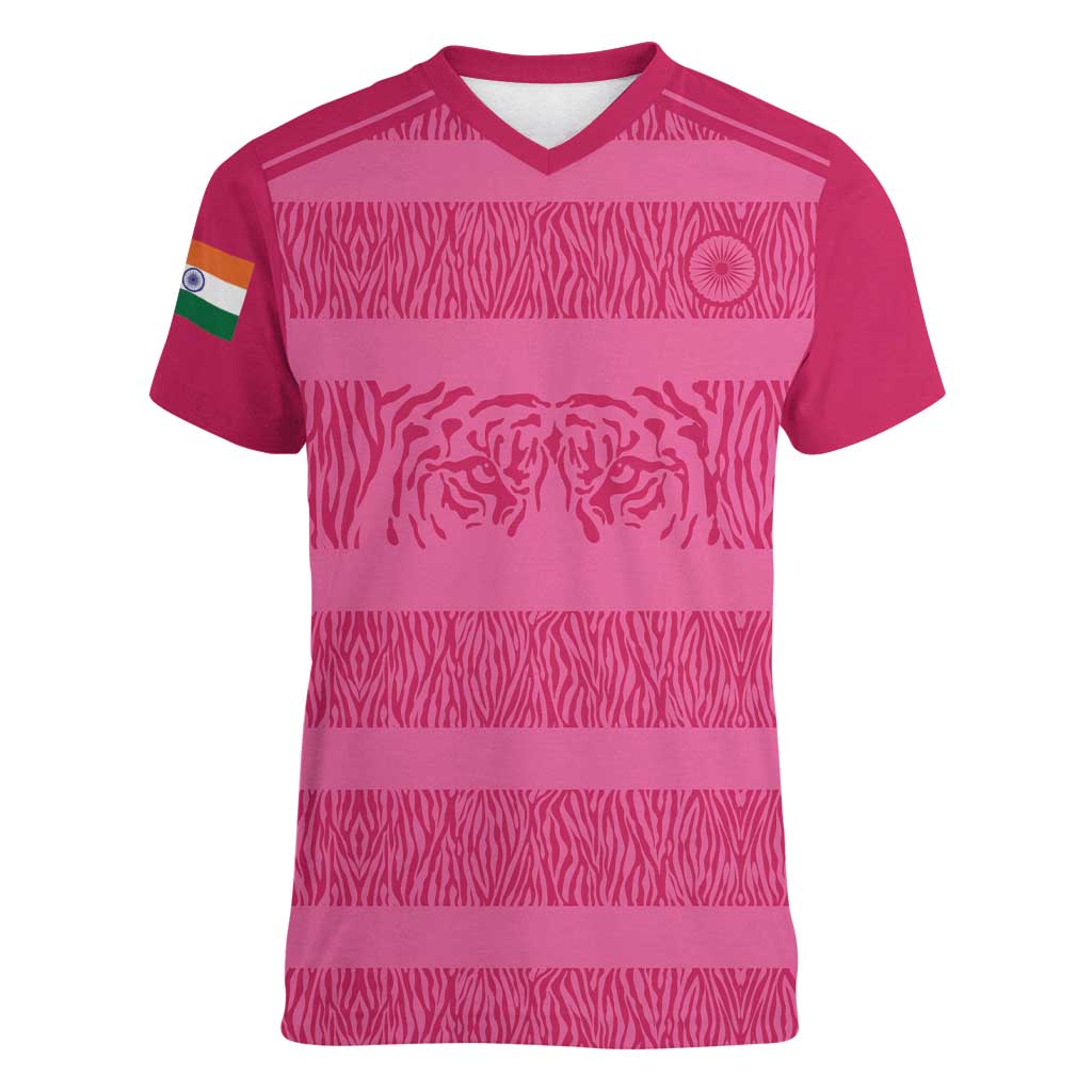 Custom India Football 2026 Women V-Neck T-Shirt Come On Blue Tigresses - Pink Version