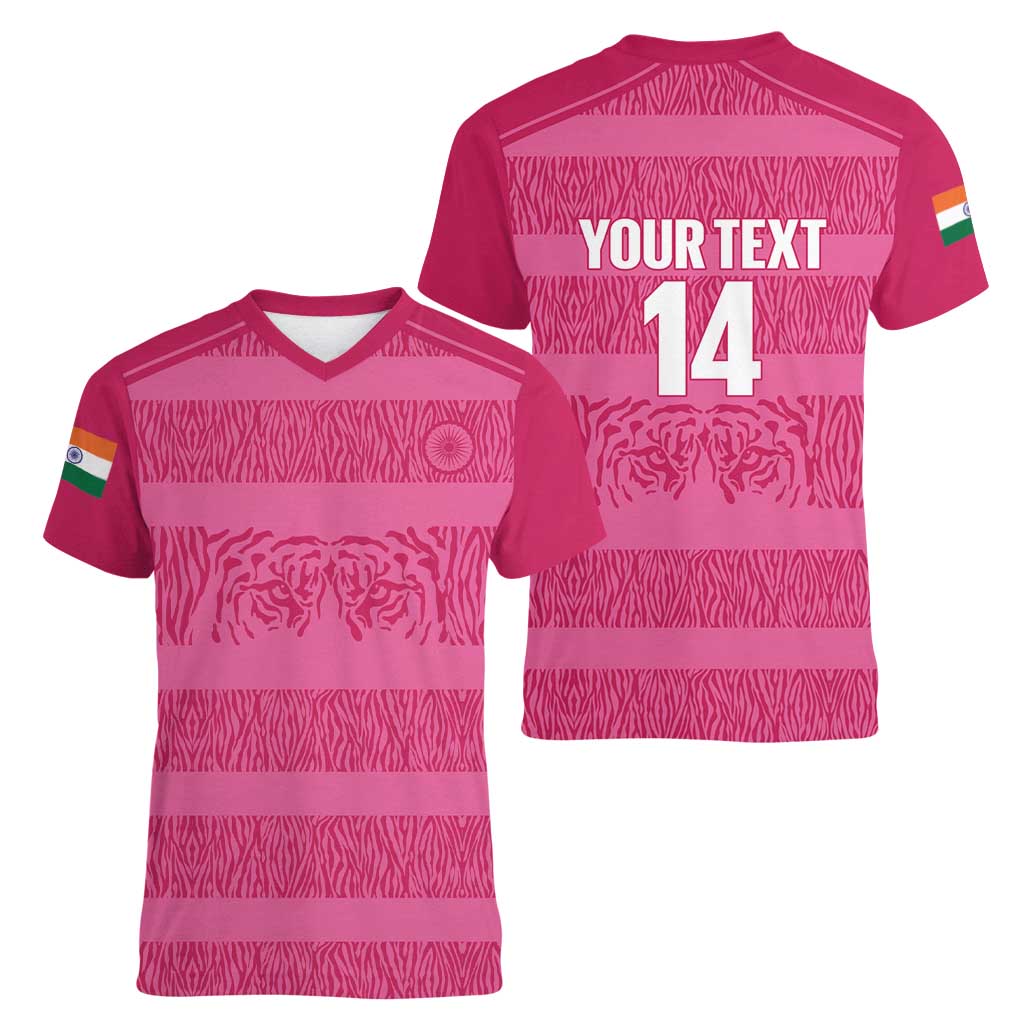 Custom India Football 2026 Women V-Neck T-Shirt Come On Blue Tigresses - Pink Version