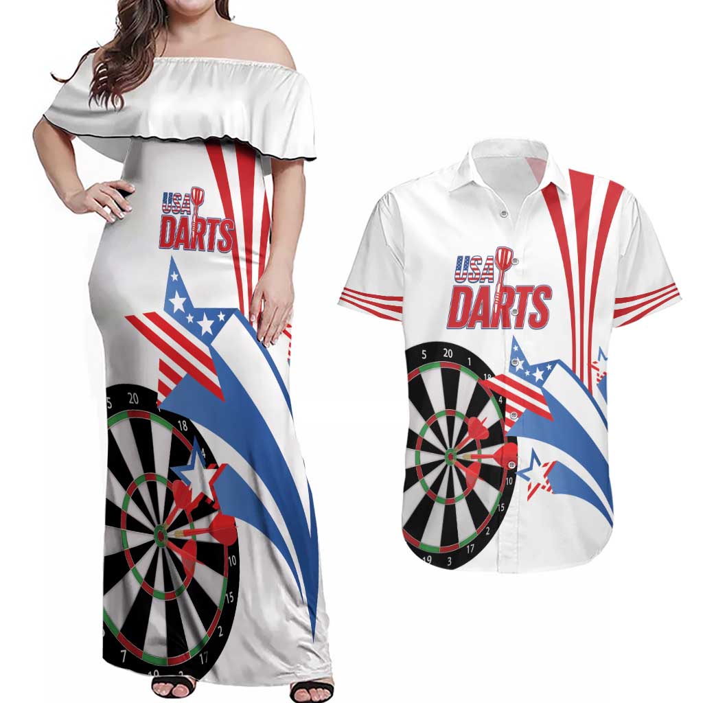 Custom United States Darts Couples Matching Off Shoulder Maxi Dress and Hawaiian Shirt USA Go Champions