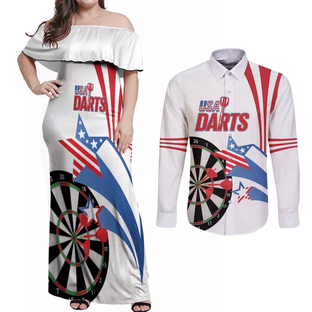 Custom United States Darts Couples Matching Off Shoulder Maxi Dress and Long Sleeve Button Shirt USA Go Champions