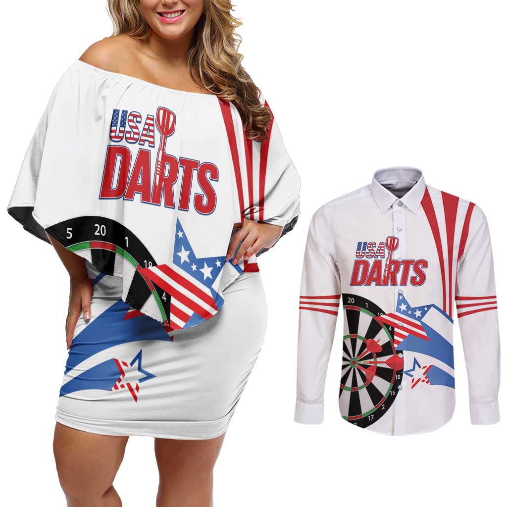 Custom United States Darts Couples Matching Off Shoulder Short Dress and Long Sleeve Button Shirt USA Go Champions