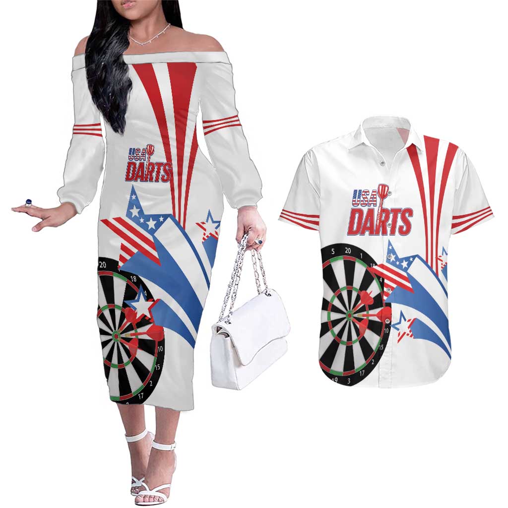 Custom United States Darts Couples Matching Off The Shoulder Long Sleeve Dress and Hawaiian Shirt USA Go Champions