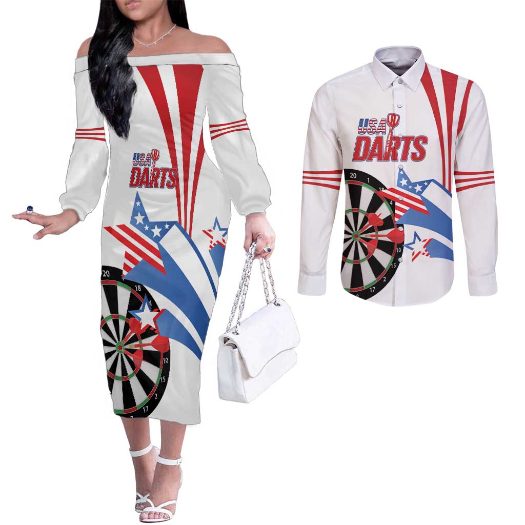 Custom United States Darts Couples Matching Off The Shoulder Long Sleeve Dress and Long Sleeve Button Shirt USA Go Champions
