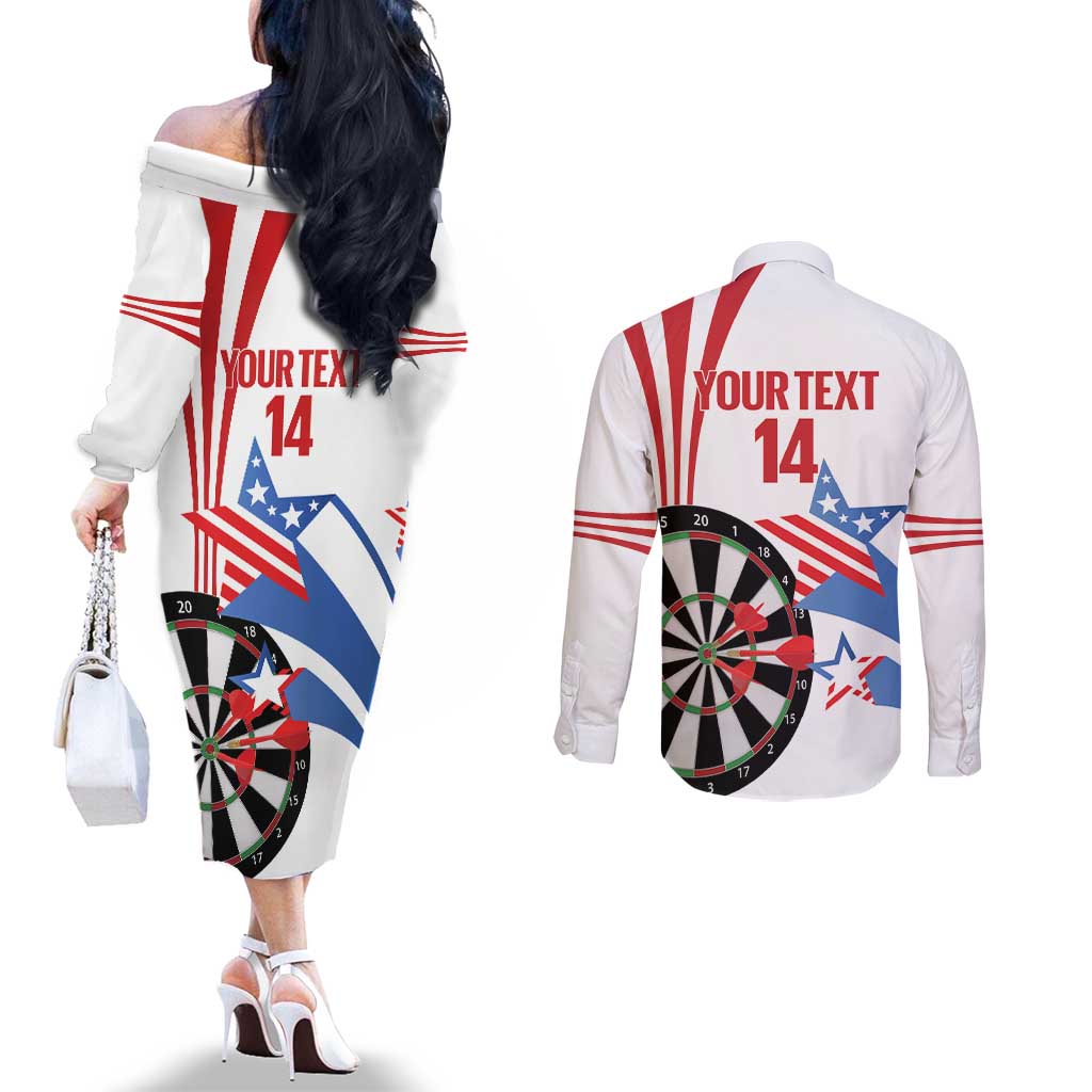 Custom United States Darts Couples Matching Off The Shoulder Long Sleeve Dress and Long Sleeve Button Shirt USA Go Champions