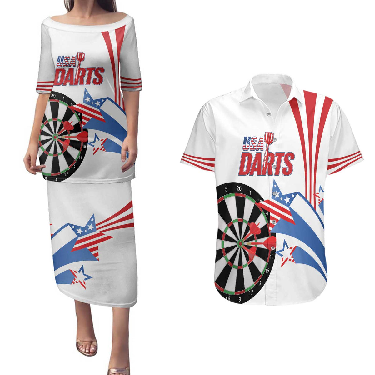 Custom United States Darts Couples Matching Puletasi and Hawaiian Shirt USA Go Champions