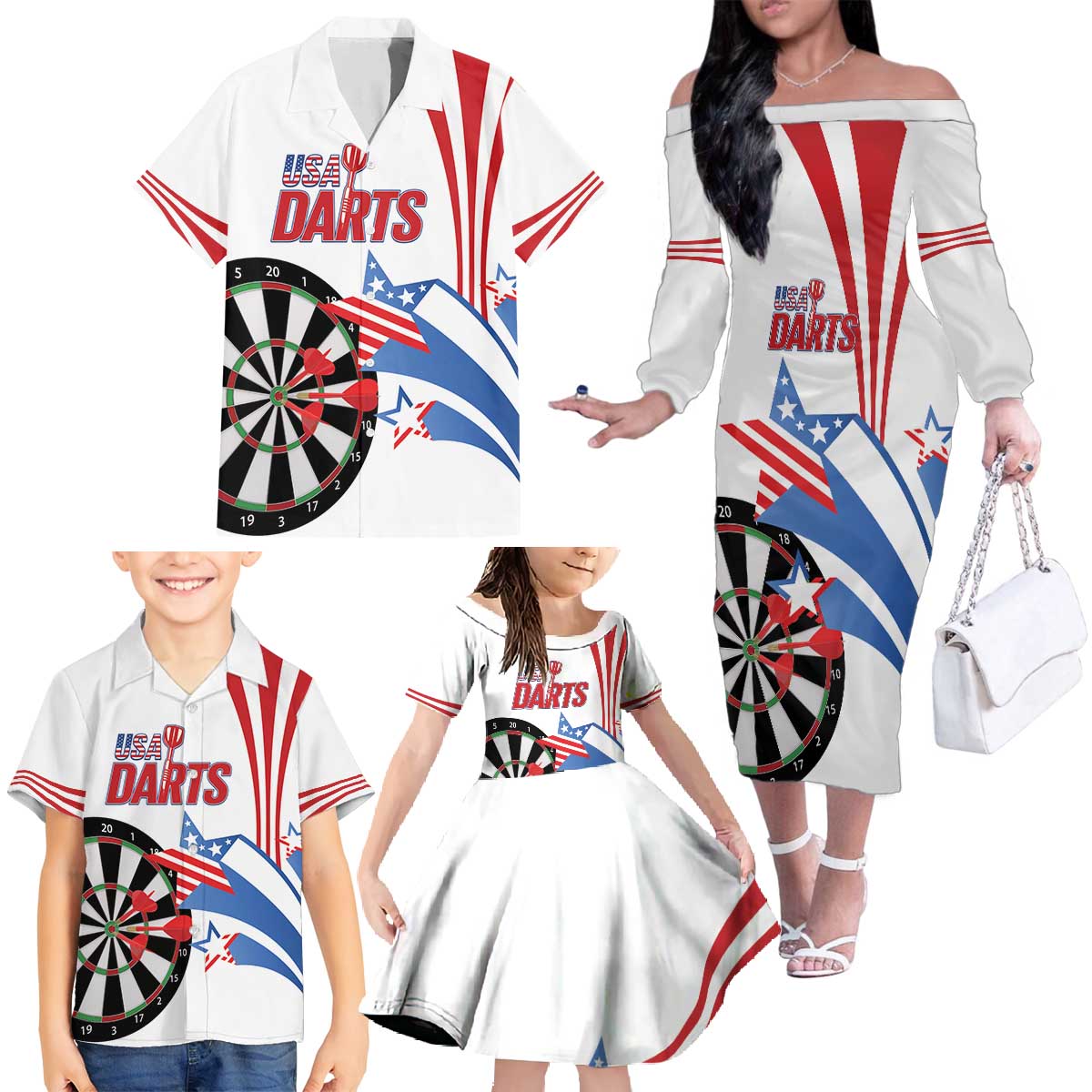 Custom United States Darts Family Matching Off The Shoulder Long Sleeve Dress and Hawaiian Shirt USA Go Champions