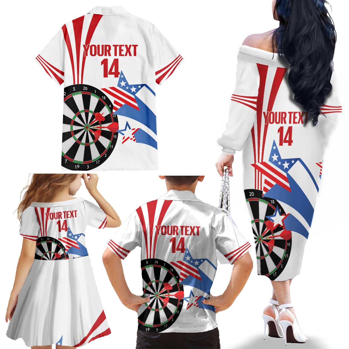 Custom United States Darts Family Matching Off The Shoulder Long Sleeve Dress and Hawaiian Shirt USA Go Champions