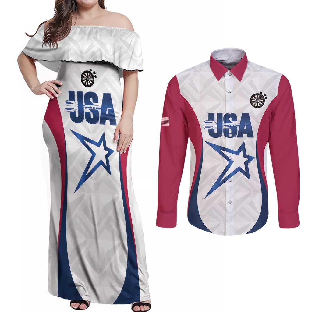 Custom United States Darts Couples Matching Off Shoulder Maxi Dress and Long Sleeve Button Shirt Come On USA Curve Style