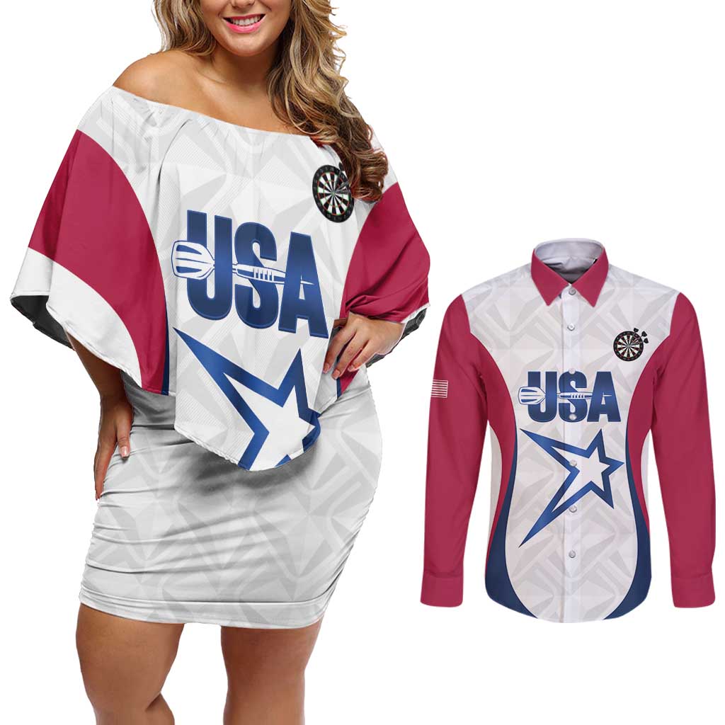 Custom United States Darts Couples Matching Off Shoulder Short Dress and Long Sleeve Button Shirt Come On USA Curve Style