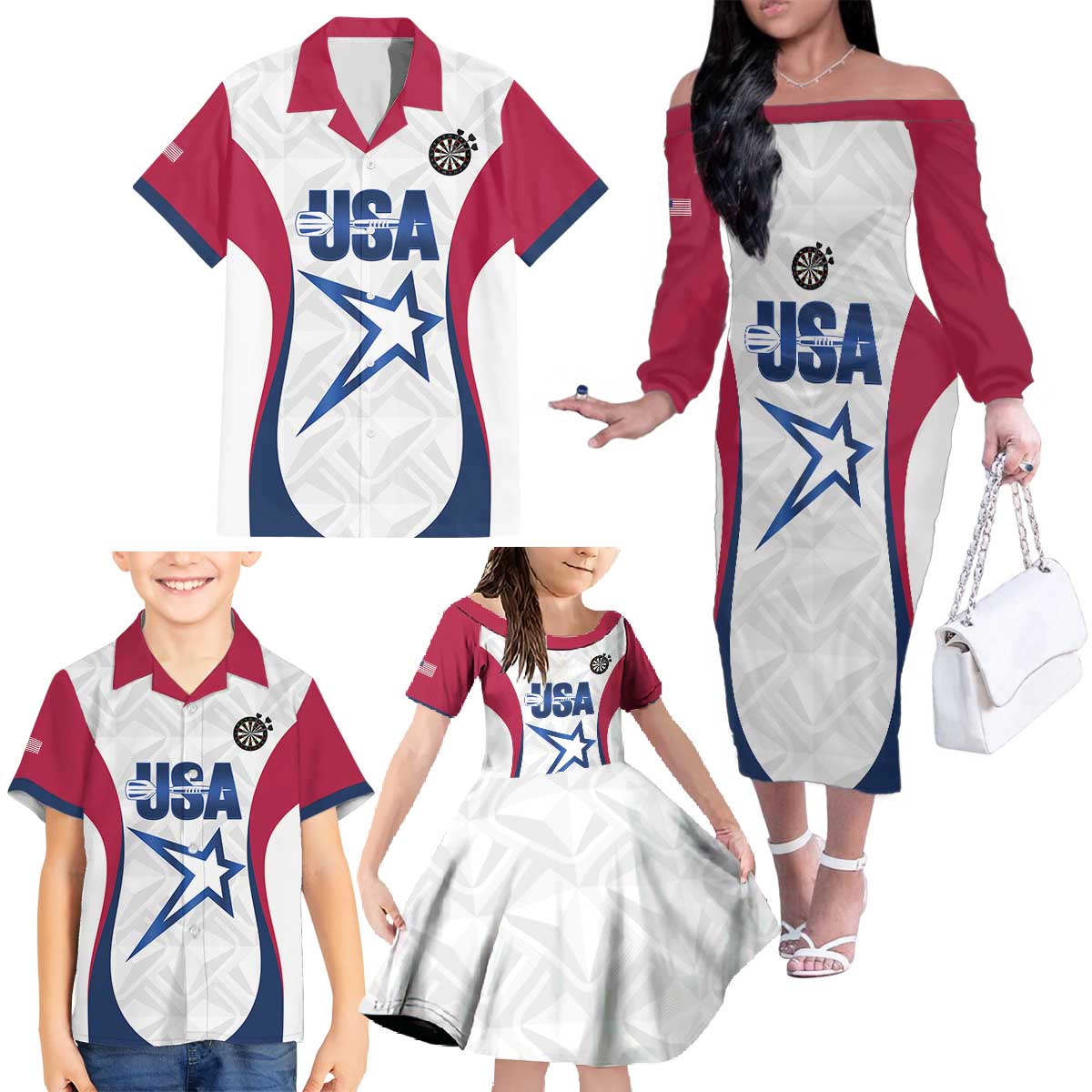 Custom United States Darts Family Matching Off The Shoulder Long Sleeve Dress and Hawaiian Shirt Come On USA Curve Style