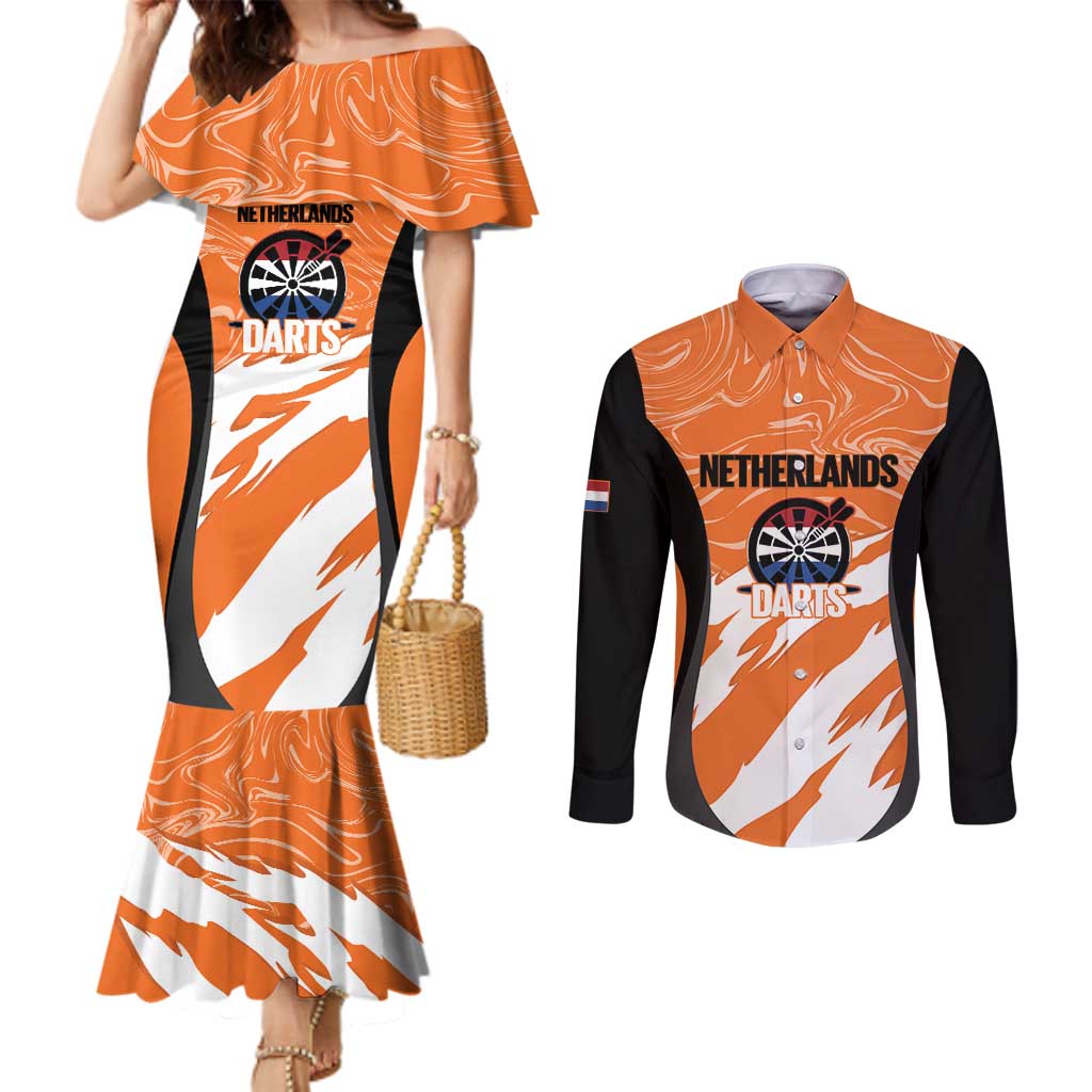 Custom Netherlands Darts Couples Matching Mermaid Dress and Long Sleeve Button Shirt Come On Holland