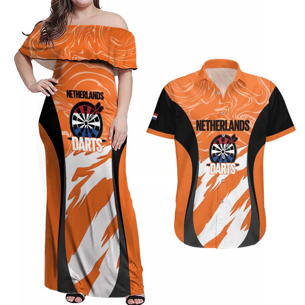 Custom Netherlands Darts Couples Matching Off Shoulder Maxi Dress and Hawaiian Shirt Come On Holland