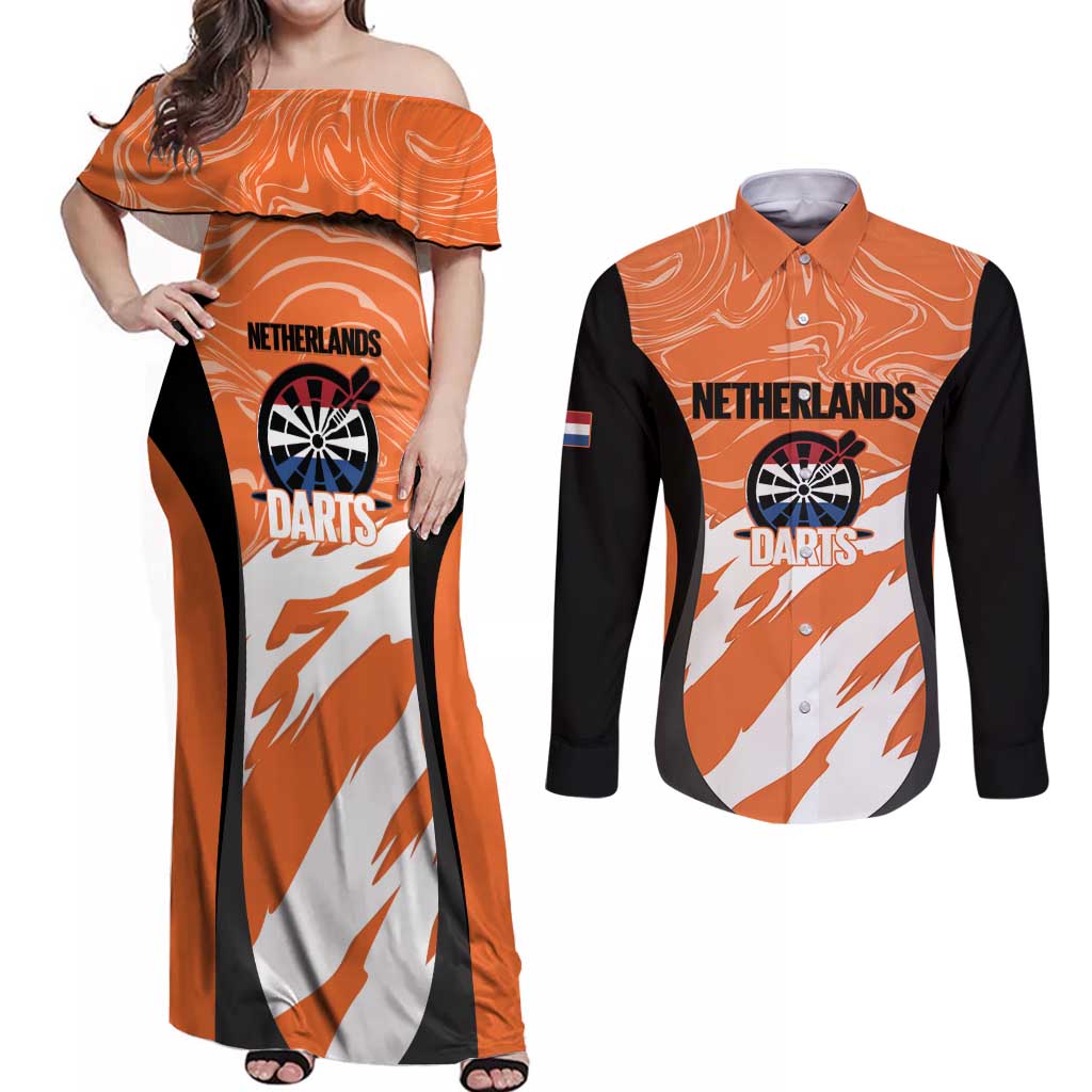 Custom Netherlands Darts Couples Matching Off Shoulder Maxi Dress and Long Sleeve Button Shirt Come On Holland