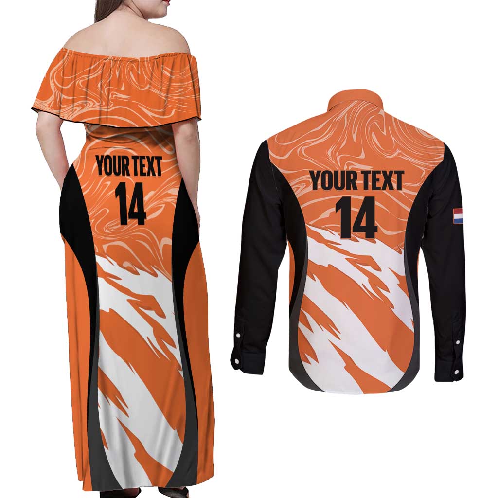 Custom Netherlands Darts Couples Matching Off Shoulder Maxi Dress and Long Sleeve Button Shirt Come On Holland