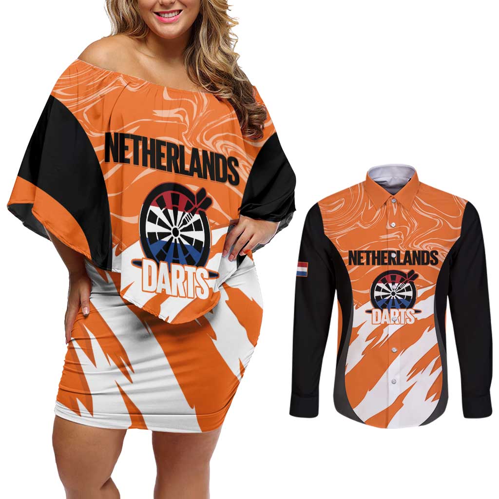 Custom Netherlands Darts Couples Matching Off Shoulder Short Dress and Long Sleeve Button Shirt Come On Holland