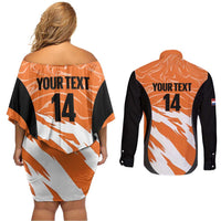 Custom Netherlands Darts Couples Matching Off Shoulder Short Dress and Long Sleeve Button Shirt Come On Holland