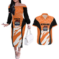 Custom Netherlands Darts Couples Matching Off The Shoulder Long Sleeve Dress and Hawaiian Shirt Come On Holland