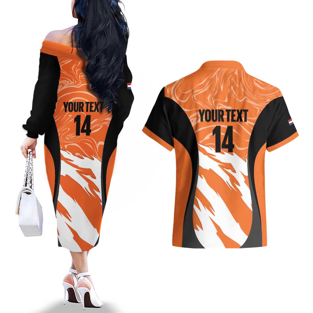 Custom Netherlands Darts Couples Matching Off The Shoulder Long Sleeve Dress and Hawaiian Shirt Come On Holland