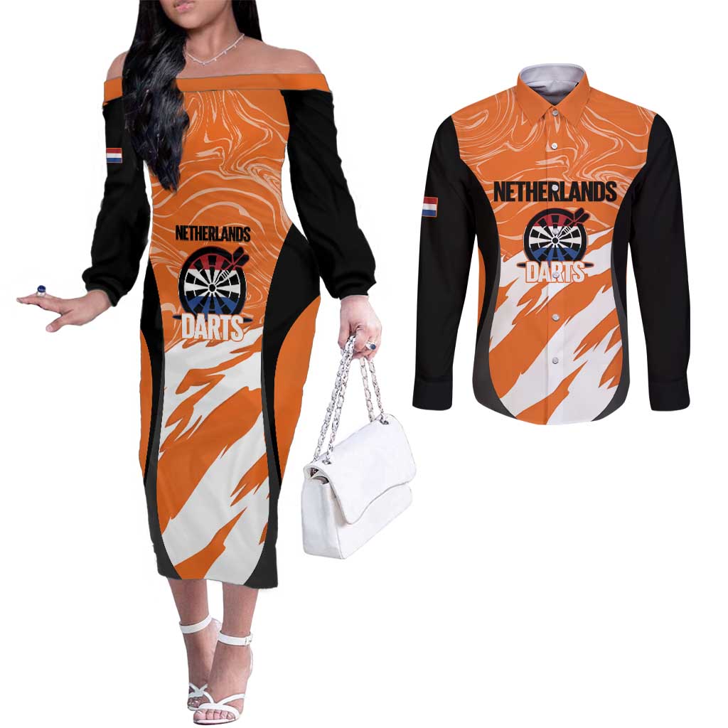 Custom Netherlands Darts Couples Matching Off The Shoulder Long Sleeve Dress and Long Sleeve Button Shirt Come On Holland