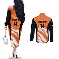 Custom Netherlands Darts Couples Matching Off The Shoulder Long Sleeve Dress and Long Sleeve Button Shirt Come On Holland