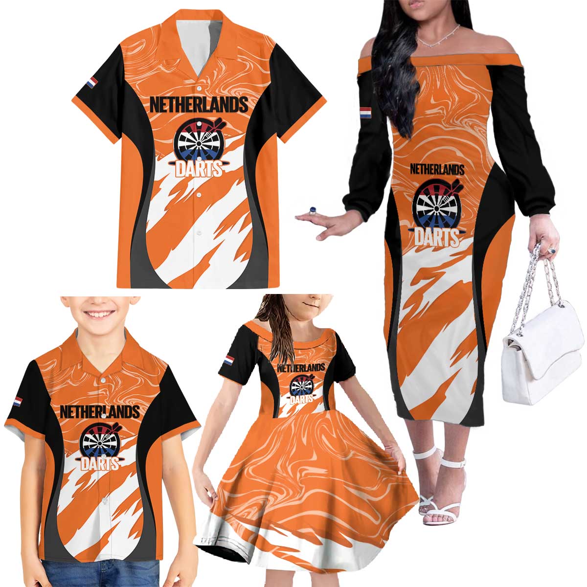 Custom Netherlands Darts Family Matching Off The Shoulder Long Sleeve Dress and Hawaiian Shirt Come On Holland
