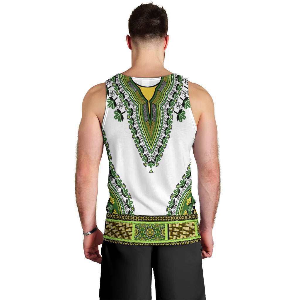 Men's dashiki tank top, back view with white and green V-panel pattern
