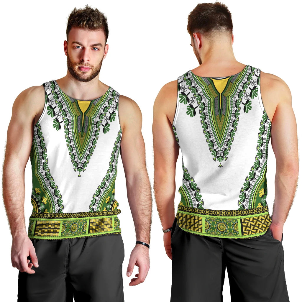 Men's dashiki tank top, front and back views with white, green decorative trim