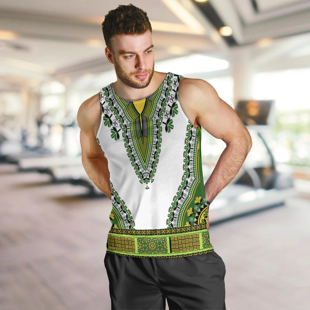Men's dashiki tank top on model, white fabric with green patterned V neckline