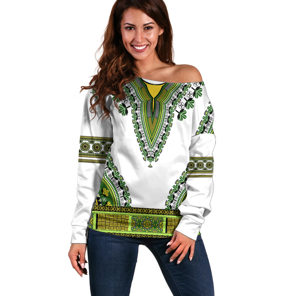 Africa Off Shoulder Sweater African Dashiki Royal Green Version - Wonder Print Shop