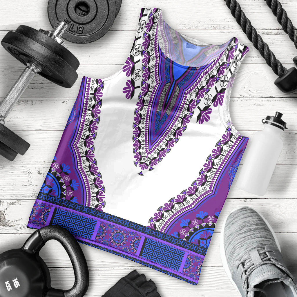 Men's dashiki tank top in white with purple and blue patterned trim, sleeveless