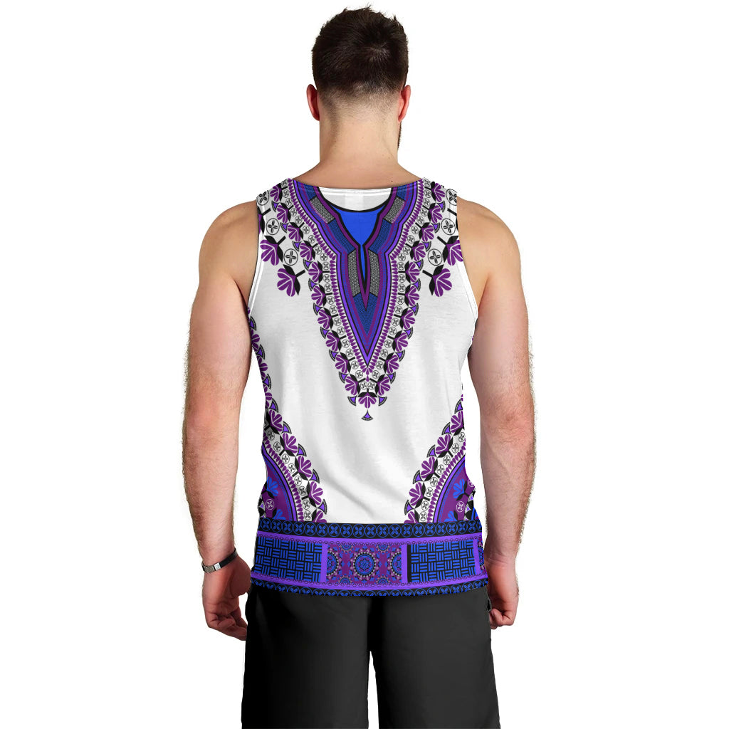Men's dashiki tank top, back view: white with purple and blue decorative panel